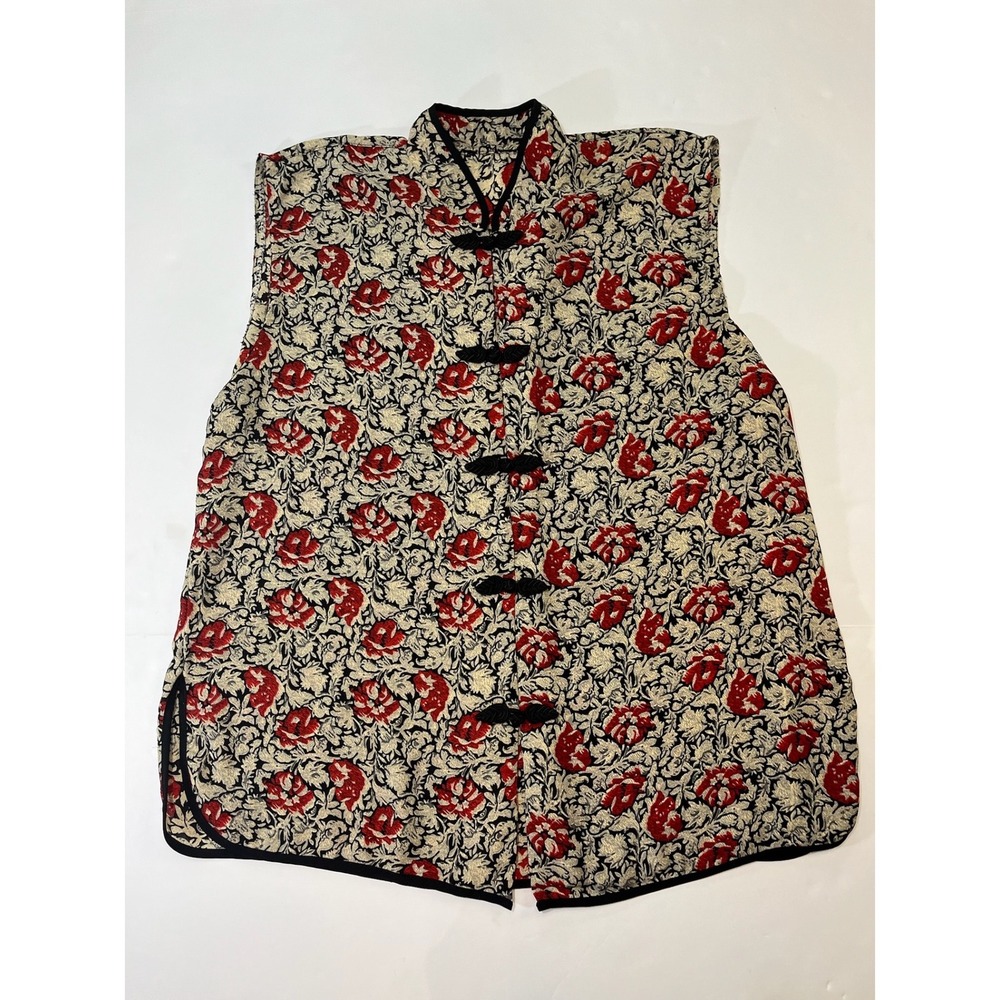 Vintage Floral Tapestry Vest Women XL Red Cream Frog Button Asian Style Mandarin